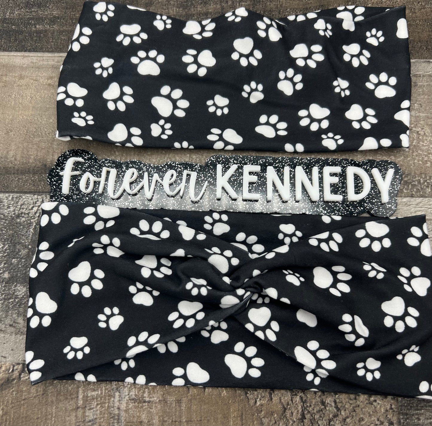 (RTS) Twist Headband: Black with white paw prints