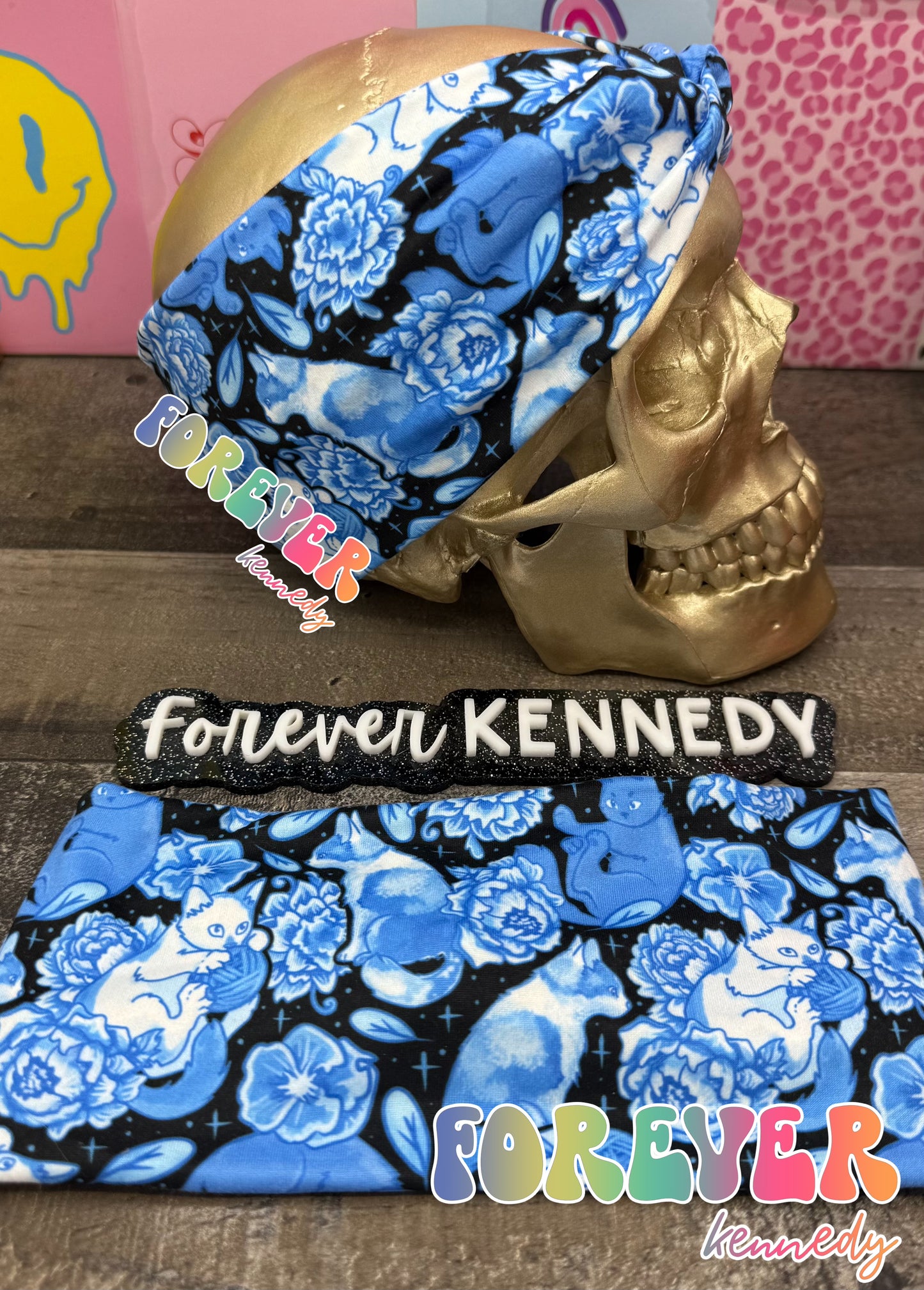 (RTS) Twist Headband: Blue Floral Felines