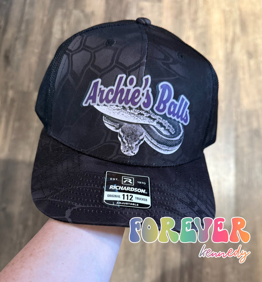 (MTO) Richardson Trucker Hat: Archie’s Balls Logo * Kryptek