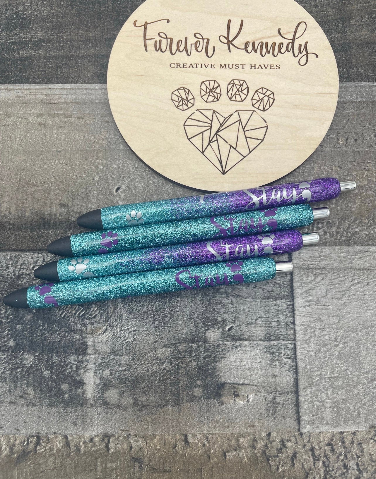 (PO) Epoxy Pen: Stay (Purple and teal ombre glitter with silver paw print semi colon)