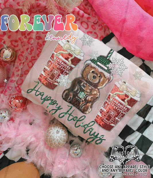 (MTO APPAREL) * CHOOSE STYLE / COLOR: FAUX SEQUIN Happy Holidays Bear Coffee