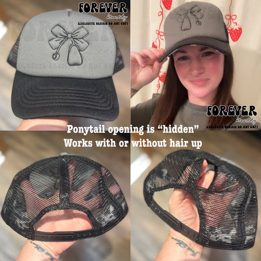 (MTO) Ponytail Foam Trucker Hat: EMBROIDERED Exclusive Design Stethoscope Bow
