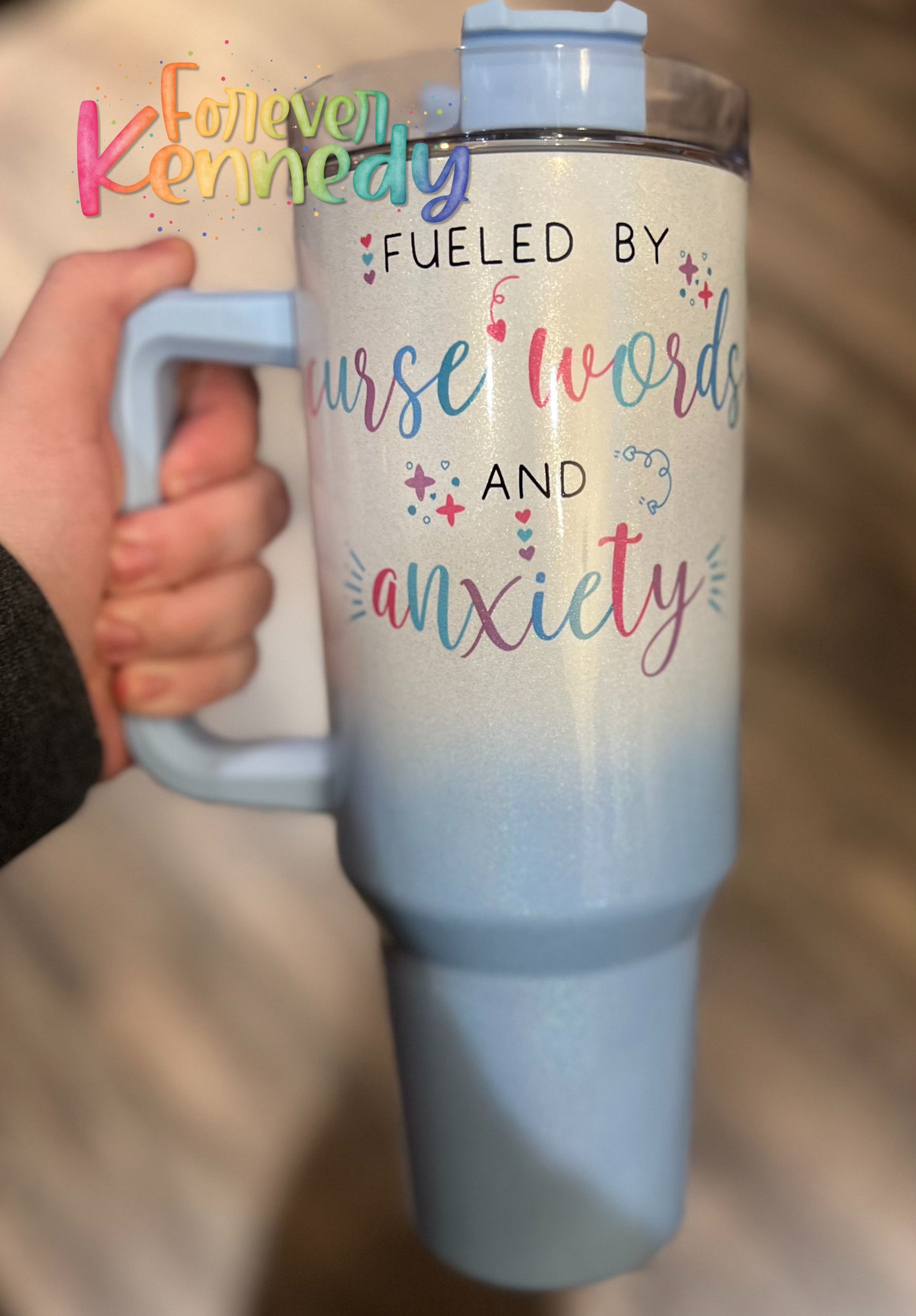 (MTO) 40oz Tumbler with handle: / Fueled by curse words and anxiety