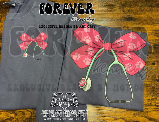 (MTO APPAREL) * CHOOSE STYLE / COLOR: EXCLUSIVE DESIGN Paw Print Stethoscope Bow *front/back*