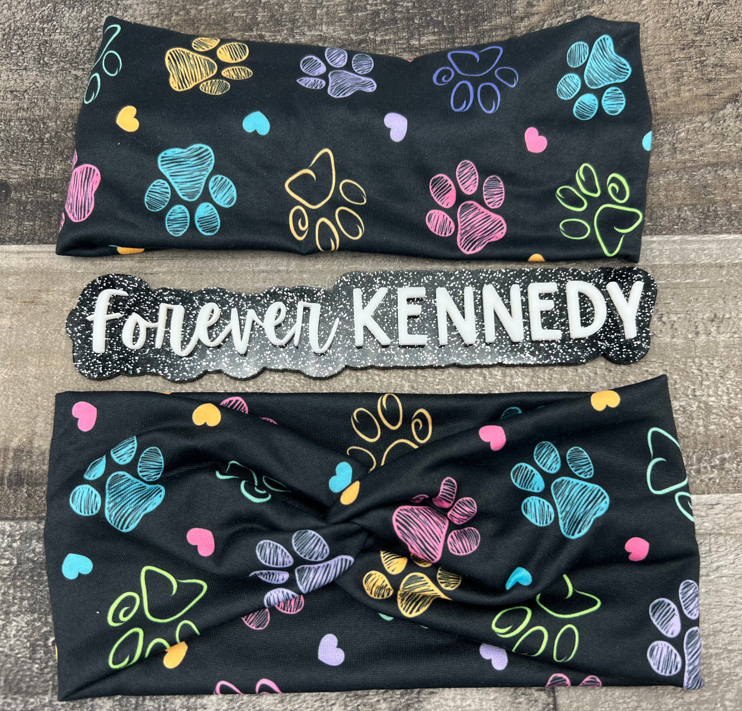 (RTS) Twist Headband: Black colorful paw prints