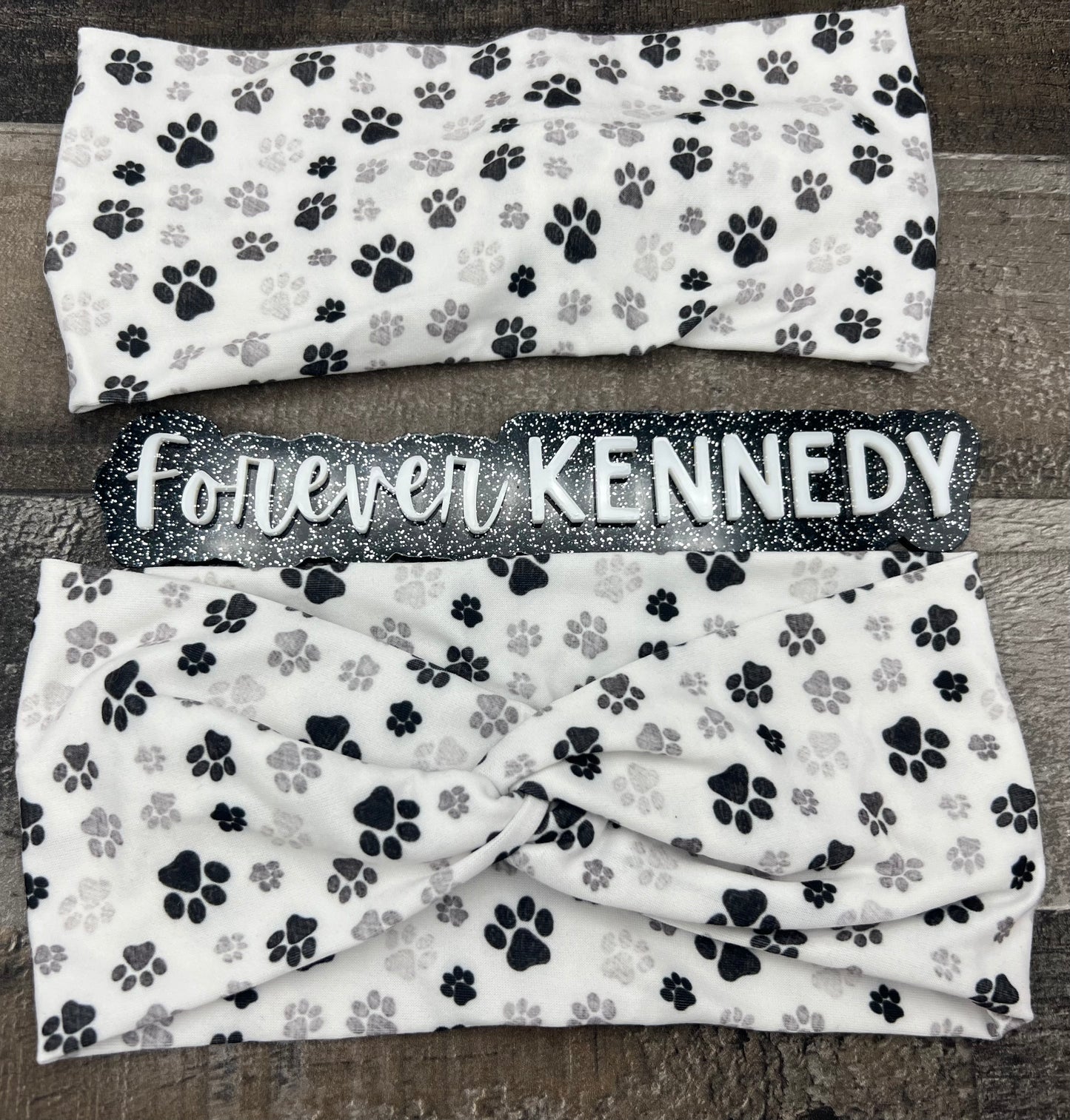 (RTS) Twist Headband: White with gray and black paw prints