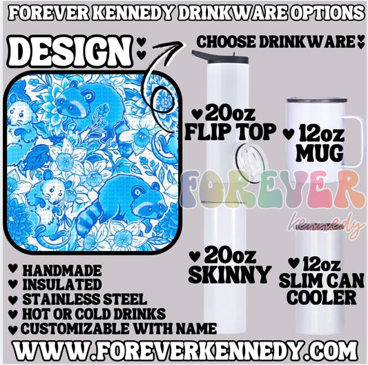 (MTO) CHOOSE DRINKWARE:  Floral Blue Trash Animals
