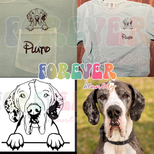 (MTO APPAREL) * Comfort Colors Pocket T-Shirt: Peeking Pet *CUSTOM DRAWN PET PORTRAIT*