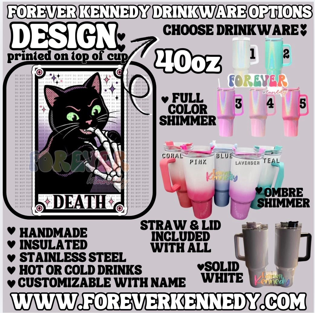 (MTO) 40oz Tumbler with handle: Black Cat Death Tarot