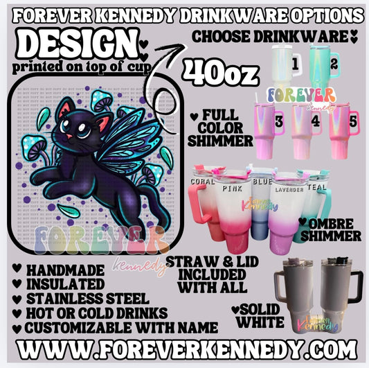 (MTO) 40oz Tumbler with handle: Black Cat Fairy