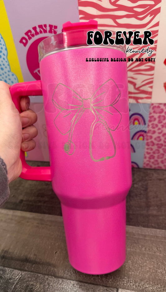 (MTO) 40oz Tumbler with handle: EXCLUSIVE DESIGN / ENGRAVED Stethoscope Bow