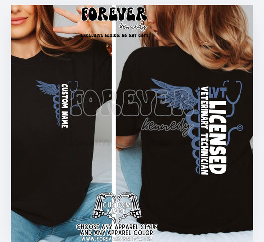 MADE TO ORDER APPAREL -  EXCLUSIVE DESIGN * caduceus / stethoscope LVT Licensed Veterinary Technician (with custom name)