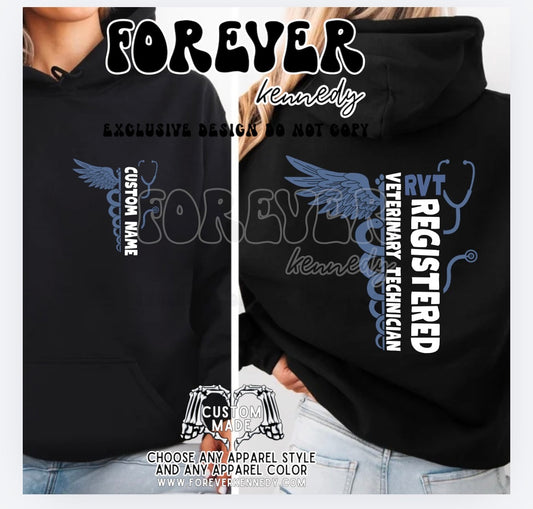 MADE TO ORDER APPAREL -  EXCLUSIVE DESIGN * caduceus / stethoscope RVT Registered Veterinary Technician (with custom name)