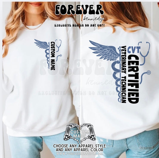 MADE TO ORDER APPAREL -  EXCLUSIVE DESIGN * caduceus / stethoscope CVT Certified Veterinary Technician (with custom name)