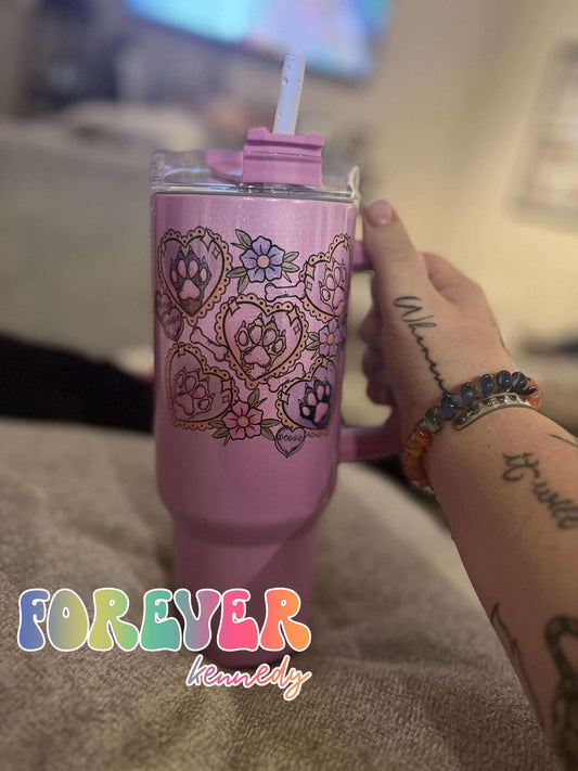 (MTO) 40oz Tumbler with handle: Tattoo Canine Paws