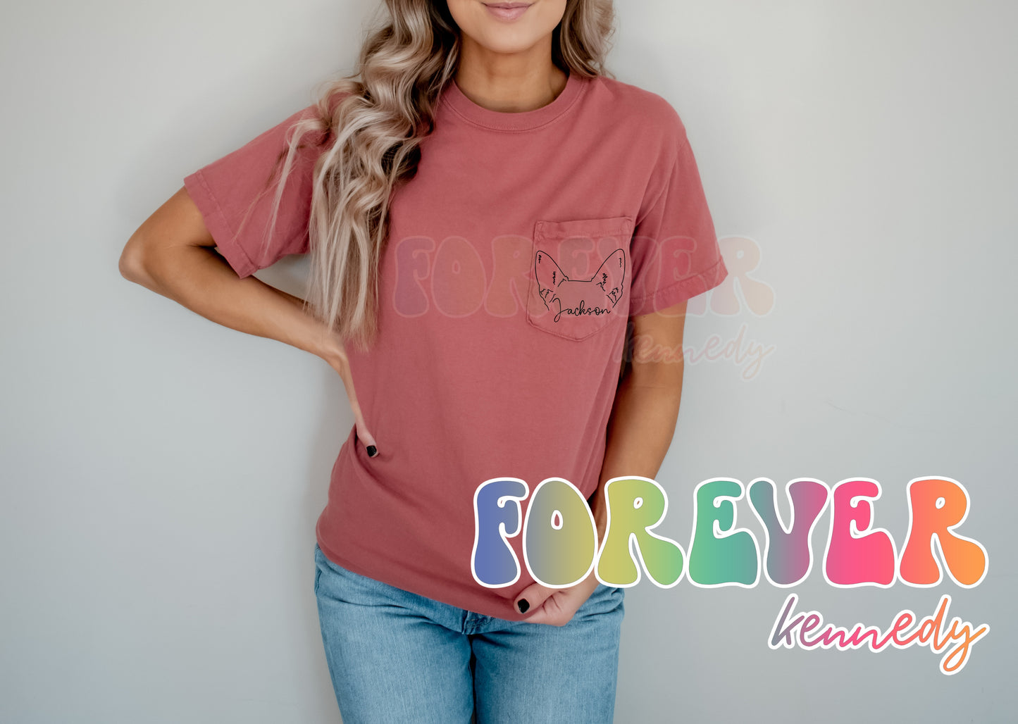 (MTO APPAREL) * Comfort Colors Pocket T-Shirt: Peeking Pet *CUSTOM DRAWN EARS* with/without pet name