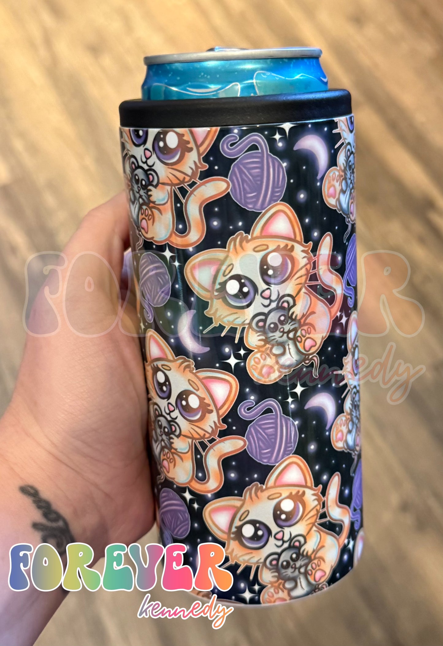 (MTO) Skinny Insulated Can Cooler: Kitty with mouse