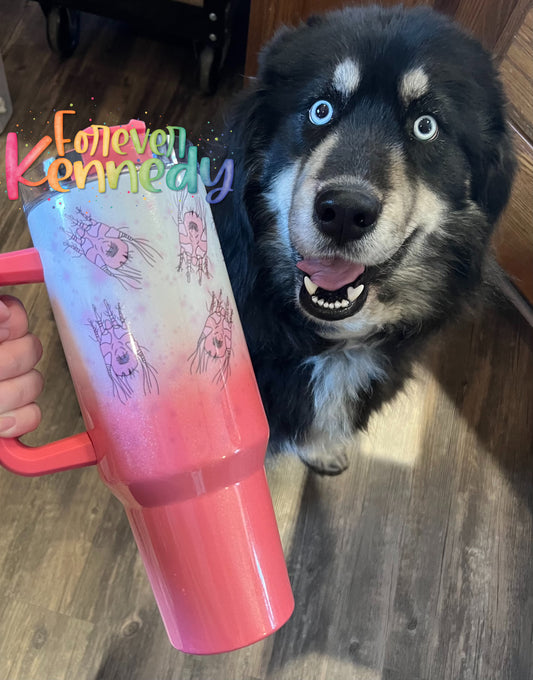 (MTO) 40oz Tumbler with handle: Kenzie Drawing / Ear Mites