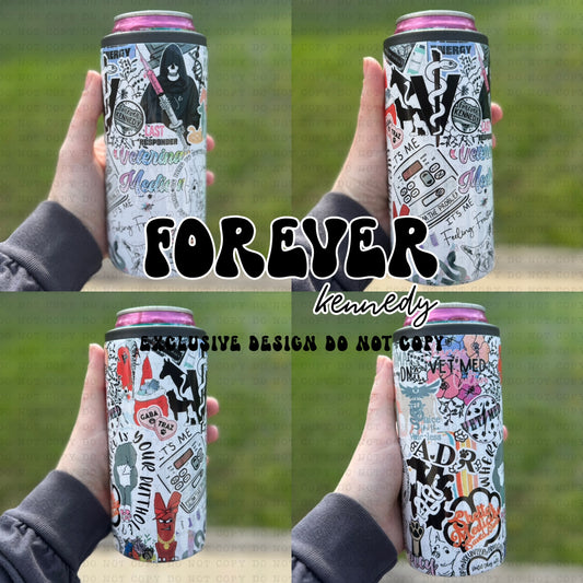 (MTO) Skinny Insulated Can Cooler: EXCLUSIVE DESIGN Veterinary Medicine Sticker Bomb