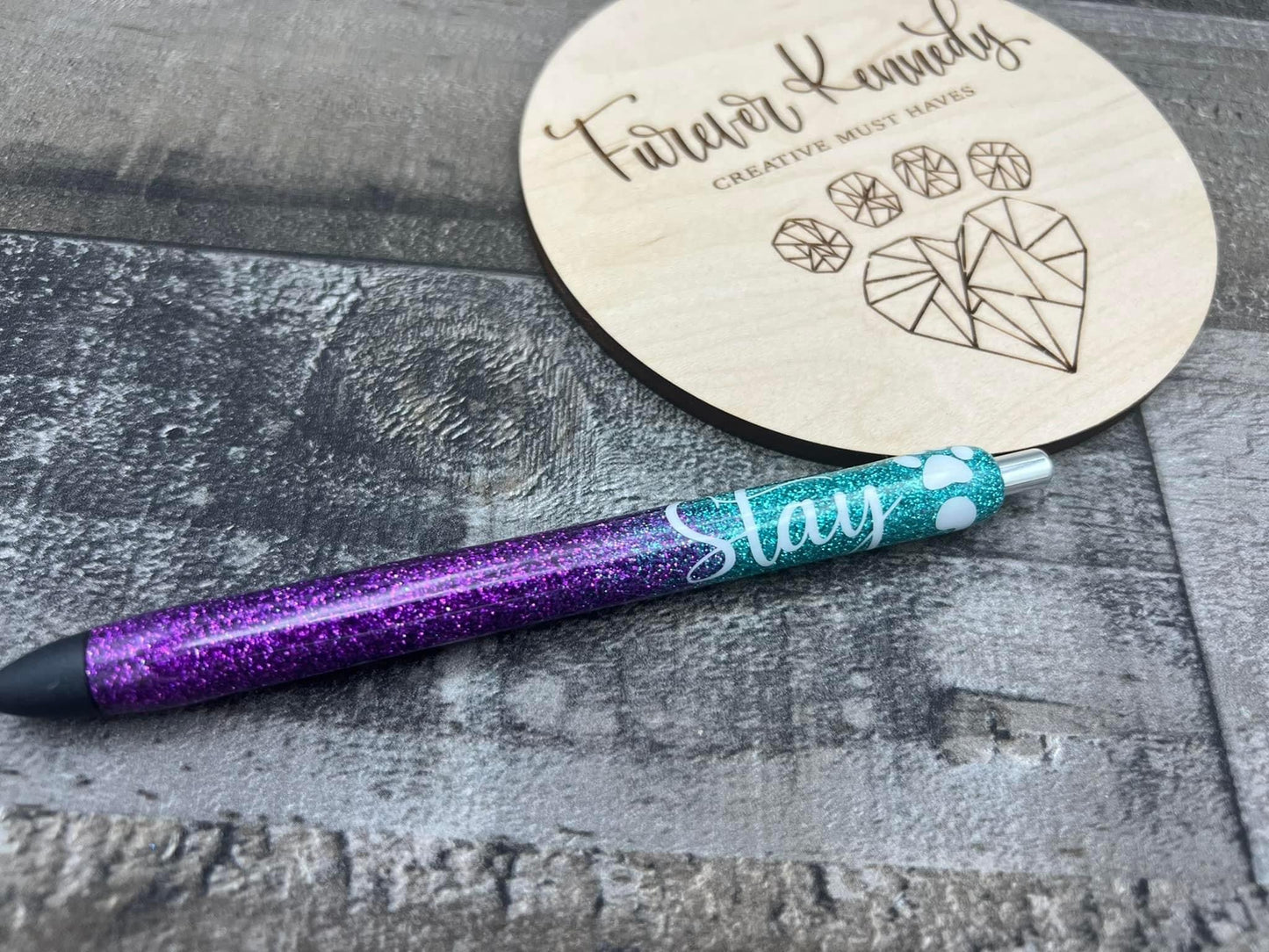 (PO) Epoxy Pen: Stay (Purple and teal ombre glitter with silver paw print  semi colon)