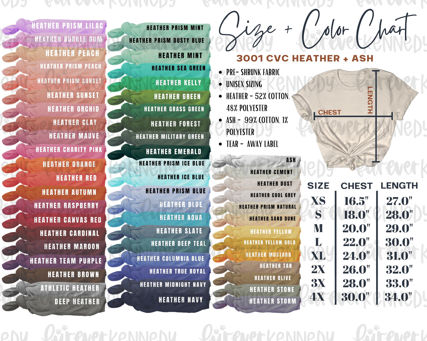 Size & Color Chart: T-SHIRT 3001 CVC Heather