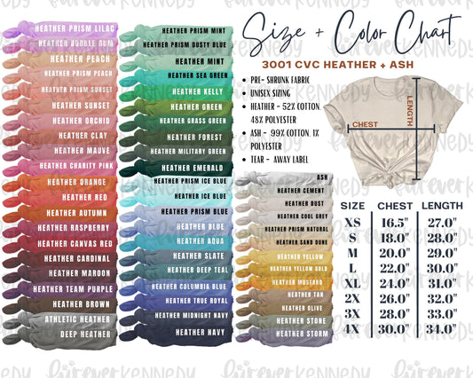 Size & Color Chart: T-SHIRT 3001 CVC Heather